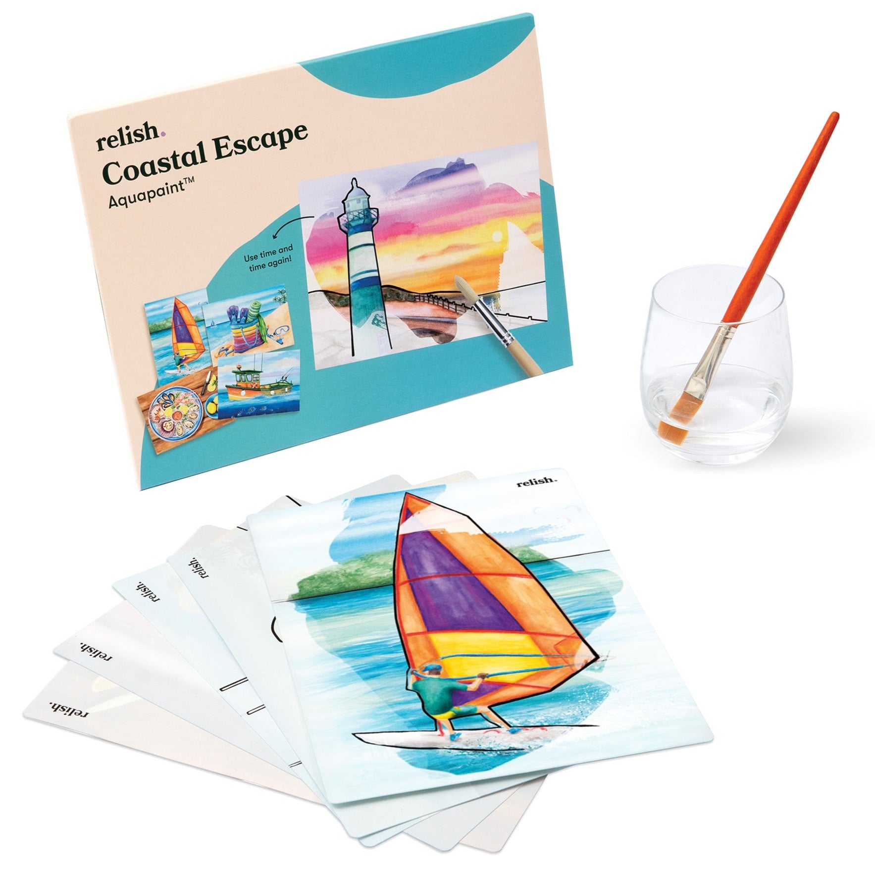 In the top left the front of the product is shown, with title and contents.  Next to this is a clear glass tumbler, in which a red paintbrush sits in some water.  Below, six picture cards from the set are fanned out, with the top one entirely visible, showing a windsurfer that has been brightly coloured in.