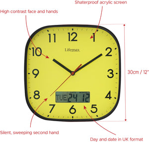 Day date wall clock - white with perspex