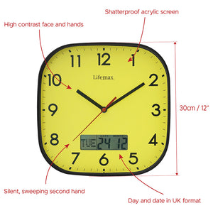 Day date wall clock - yellow with perspex