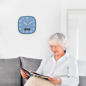 Day date wall clock - blue with perspex