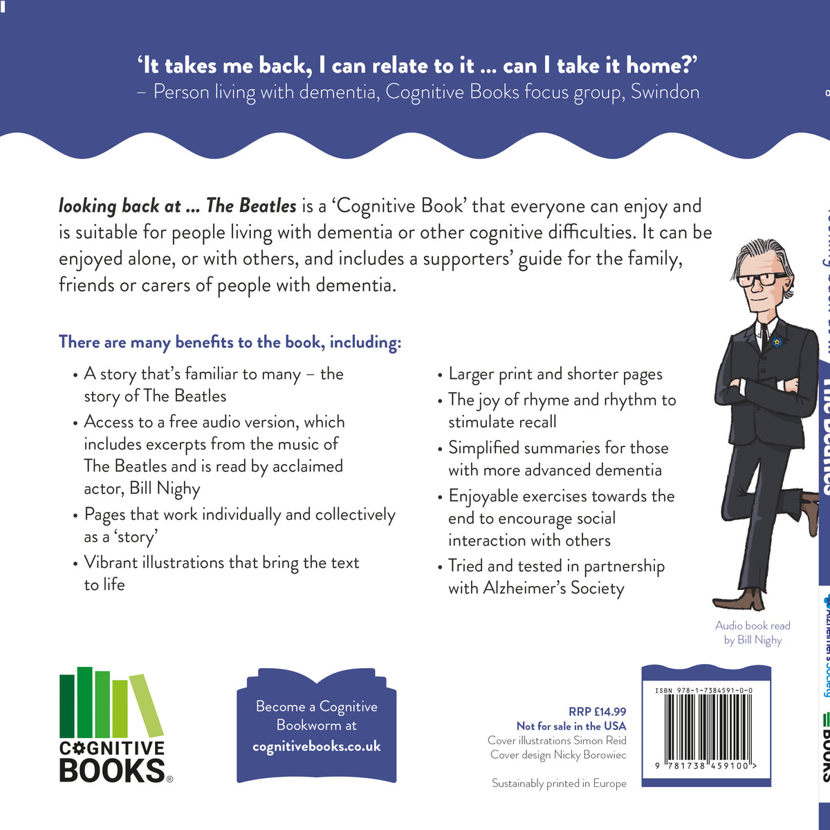 Back cover of book outlining the contents with an illustration of Bill Nighy.