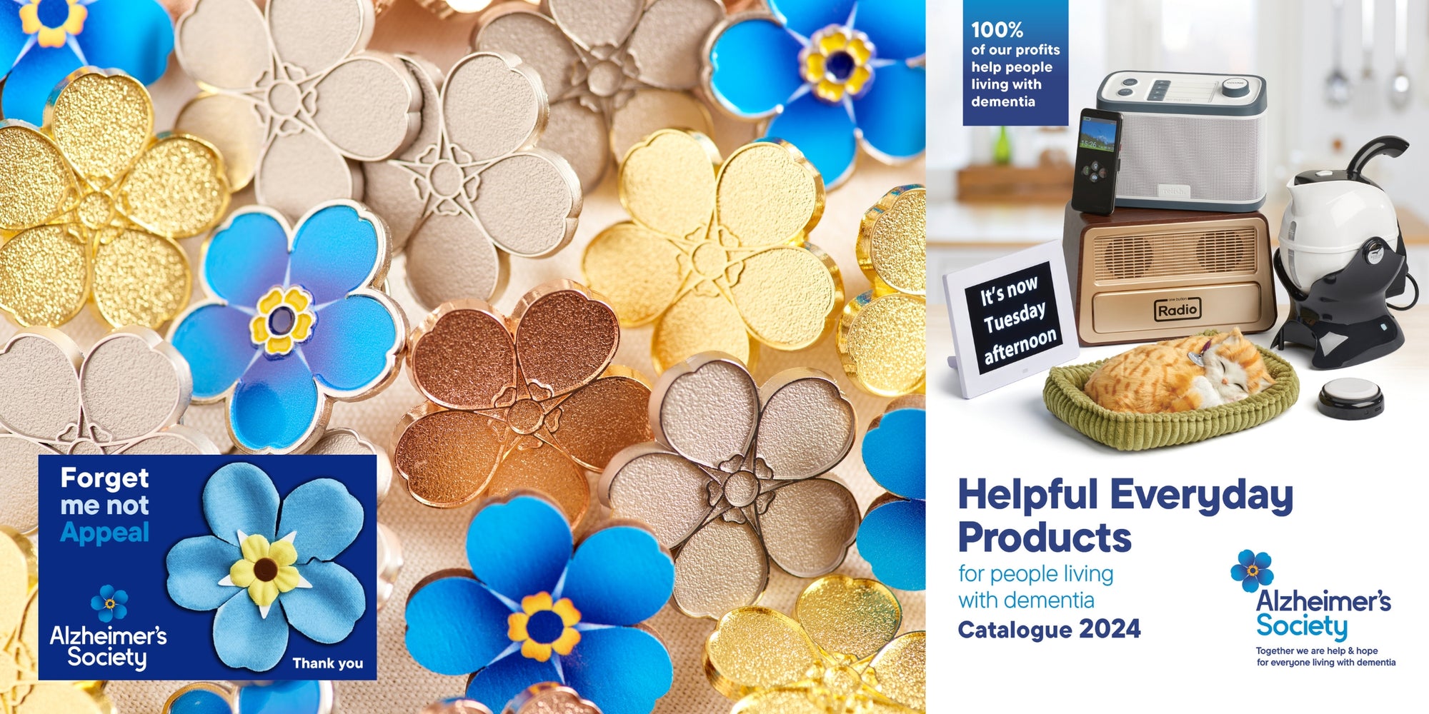 Blue, gold, silver, rose gold, bamboo, enamel and fabric forget-me-not pin badges and the new 2024 Helpful Everyday Products catalogue
