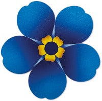 A 25 mm lightweight bamboo badge with butterfly fastening in the shape of a 2D forget-me-not flower. The flower has 5 bright, sky blue petals with a yellow and black centre. The badge comes on a backing card with the Alzheimer's Society logo