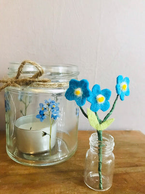 Mini jar of felted forget-me-nots