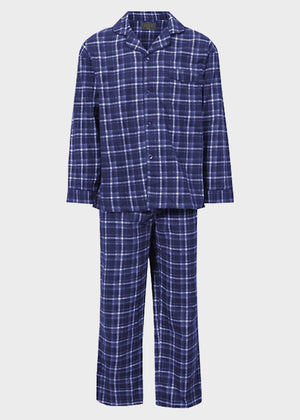 Lewis Brushed Pure Cotton Velcro Shirt and Pull On Bottoms PJ Set - Blue Check