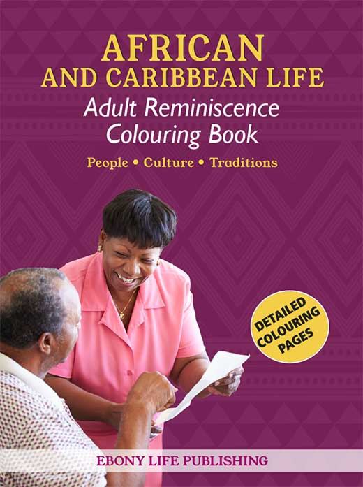 African and Caribbean book jacket cover shows two people smiling whilst discussing a drawing and the jacket also features a geometric pattern