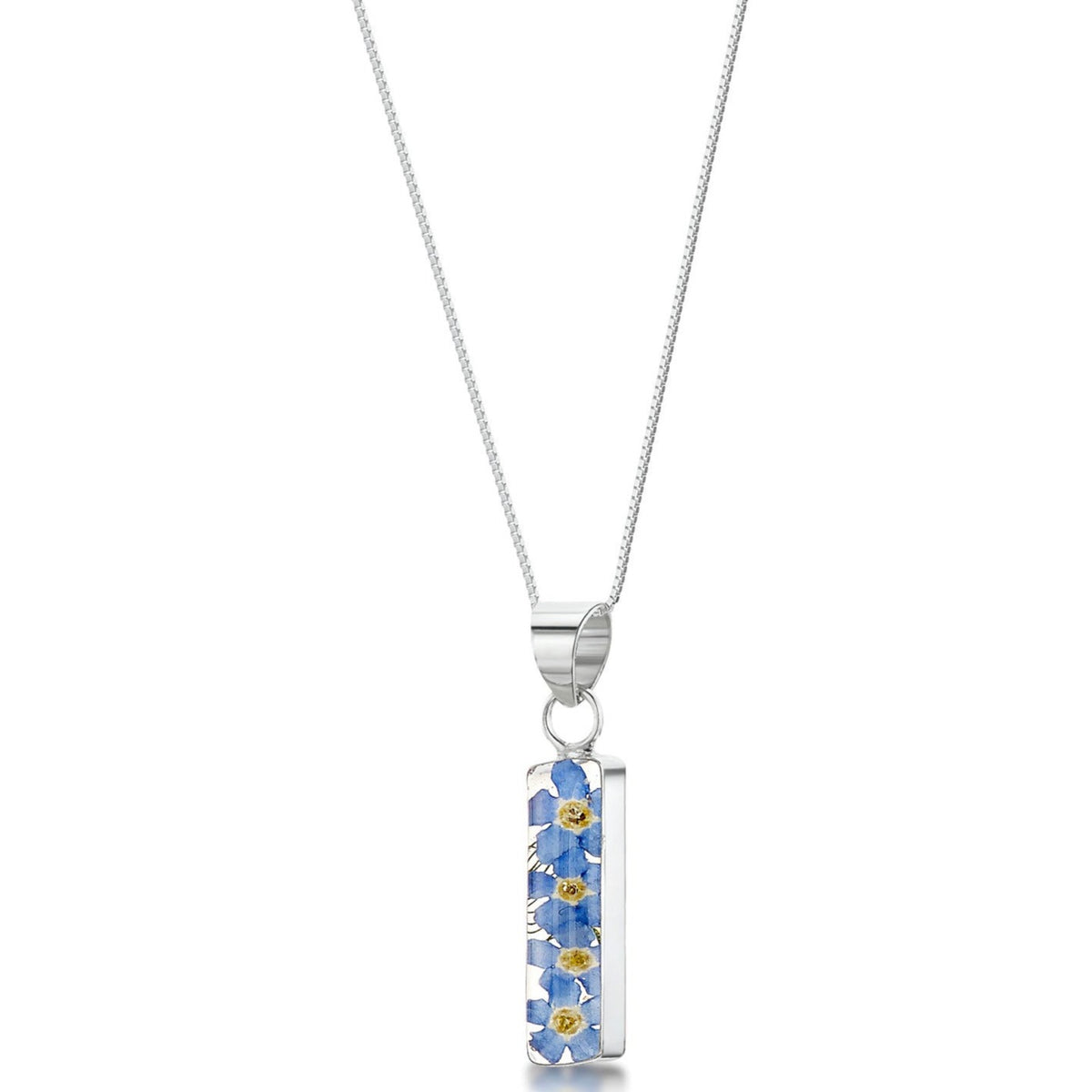 Sterling silver rectangle bar pendant with real forget-me-not flowers set in resin. Hangs on an 18&quot; adjustable sterling silver chain.