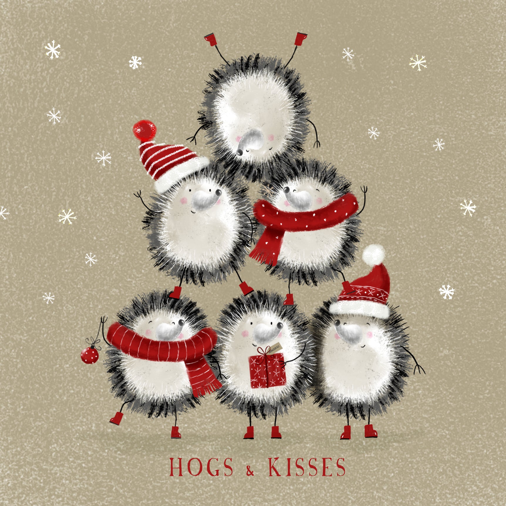 Hogs and Kisses Christmas card features a pyramid of cute hedgehogs in scarves and hats.