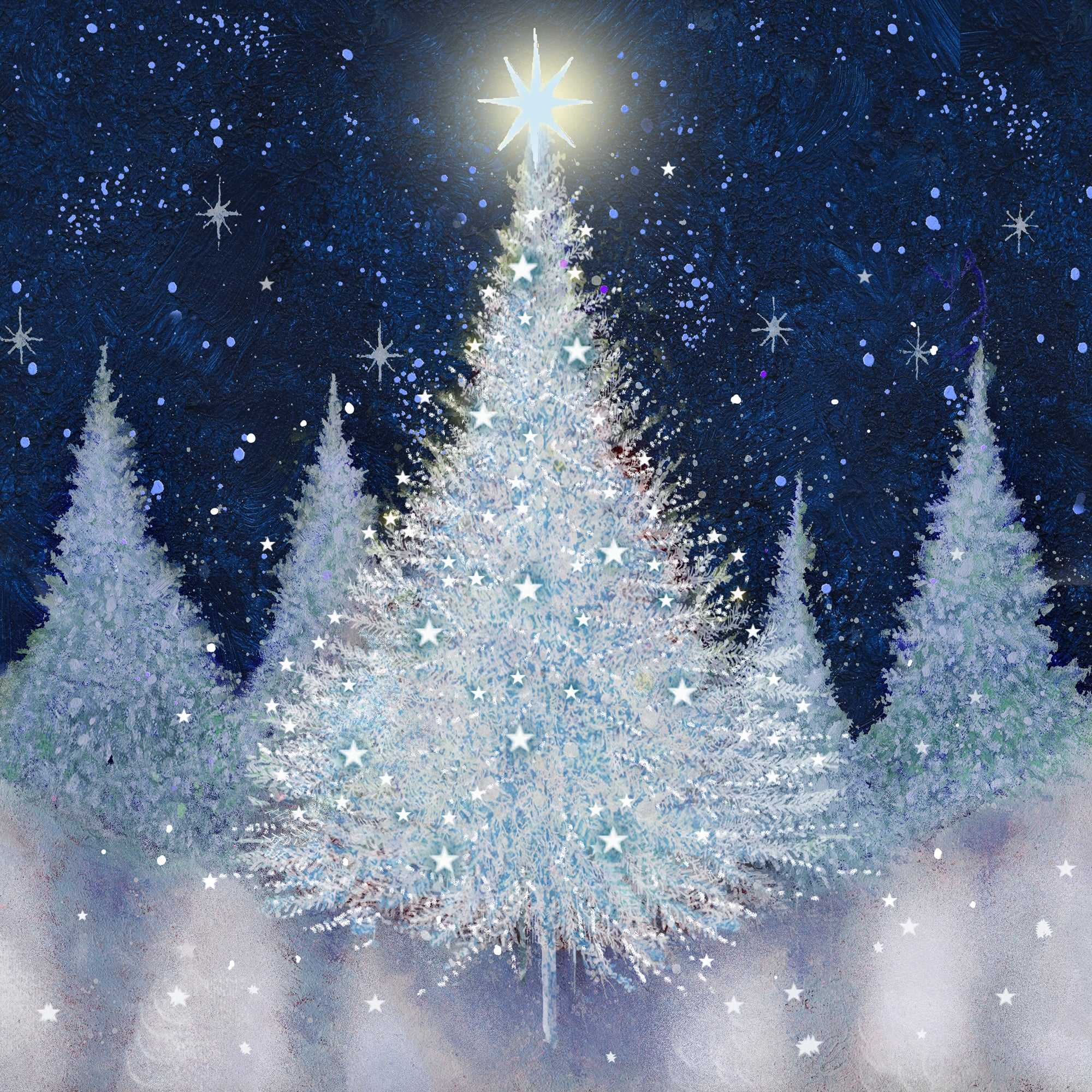 Silver trees on a navy background, Alzheimer's Christmas card