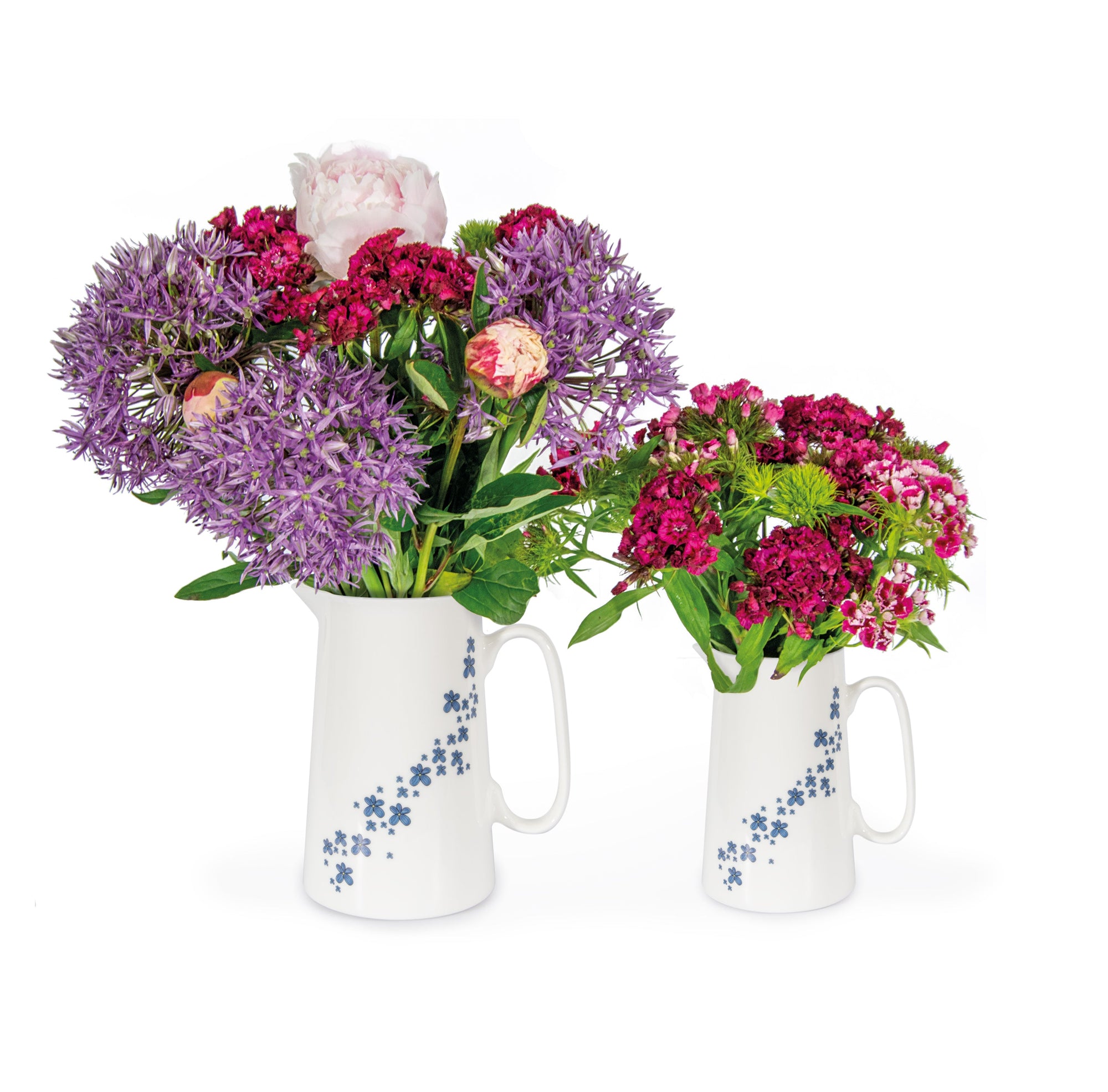 Two forget-me-not white jars holding bunches of purple flowers