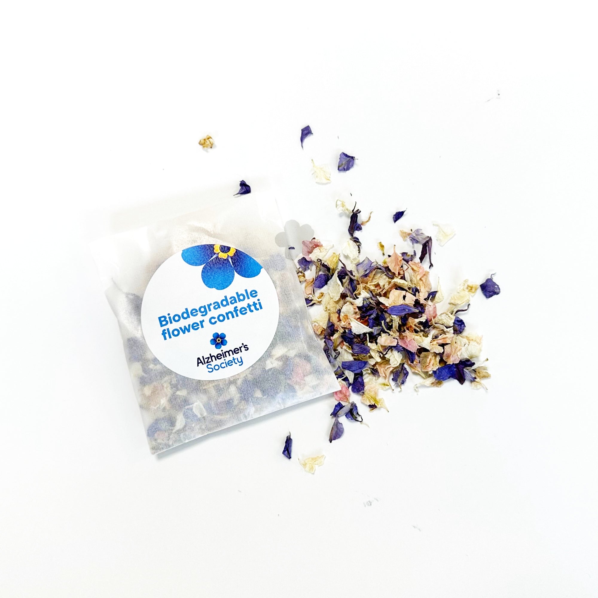 Alzheimer's Society's biodegradable flower confetti sold in a paper packet.