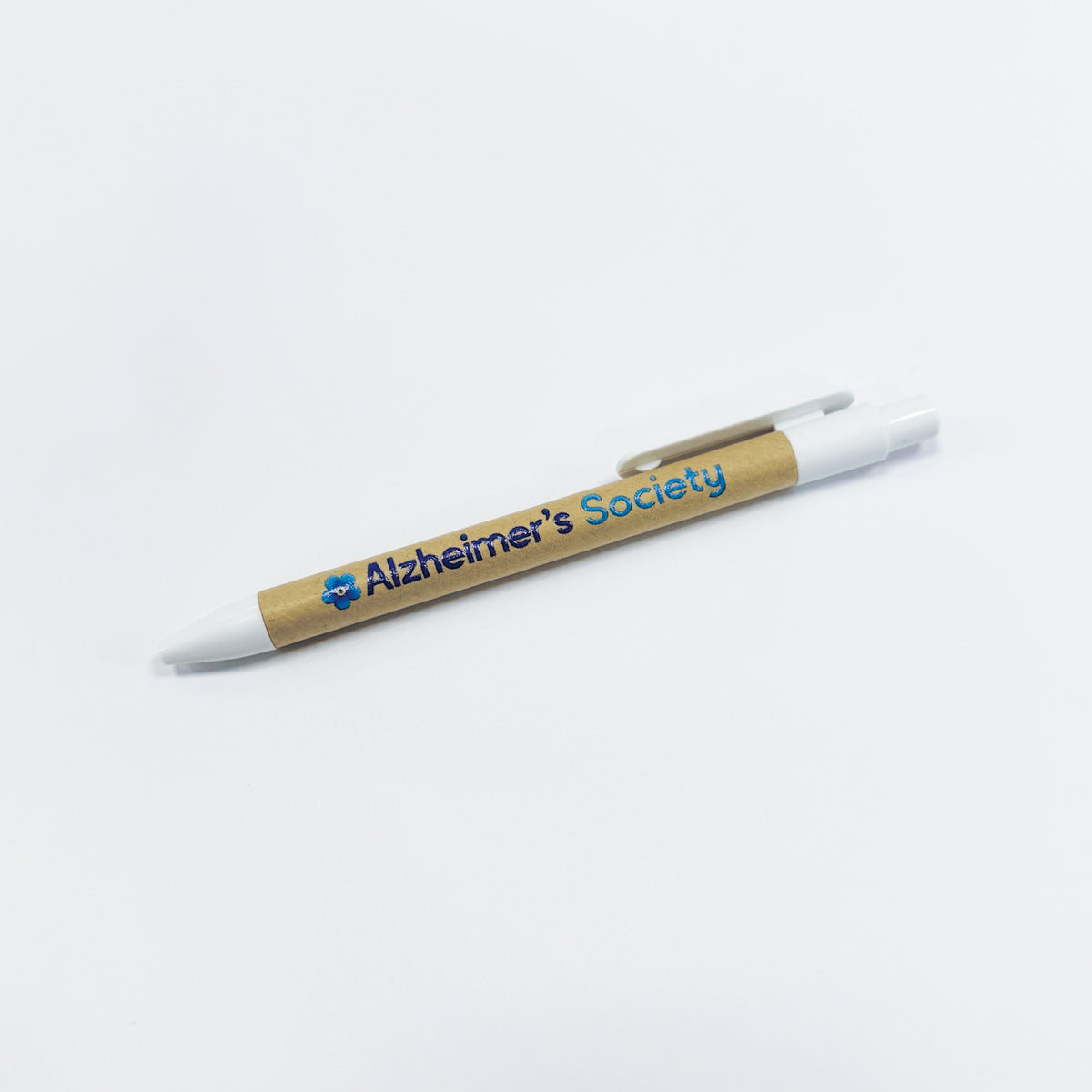White Alzheimer's Society ballpoint pen with recycled cardboard barrel and blue flower logo and name