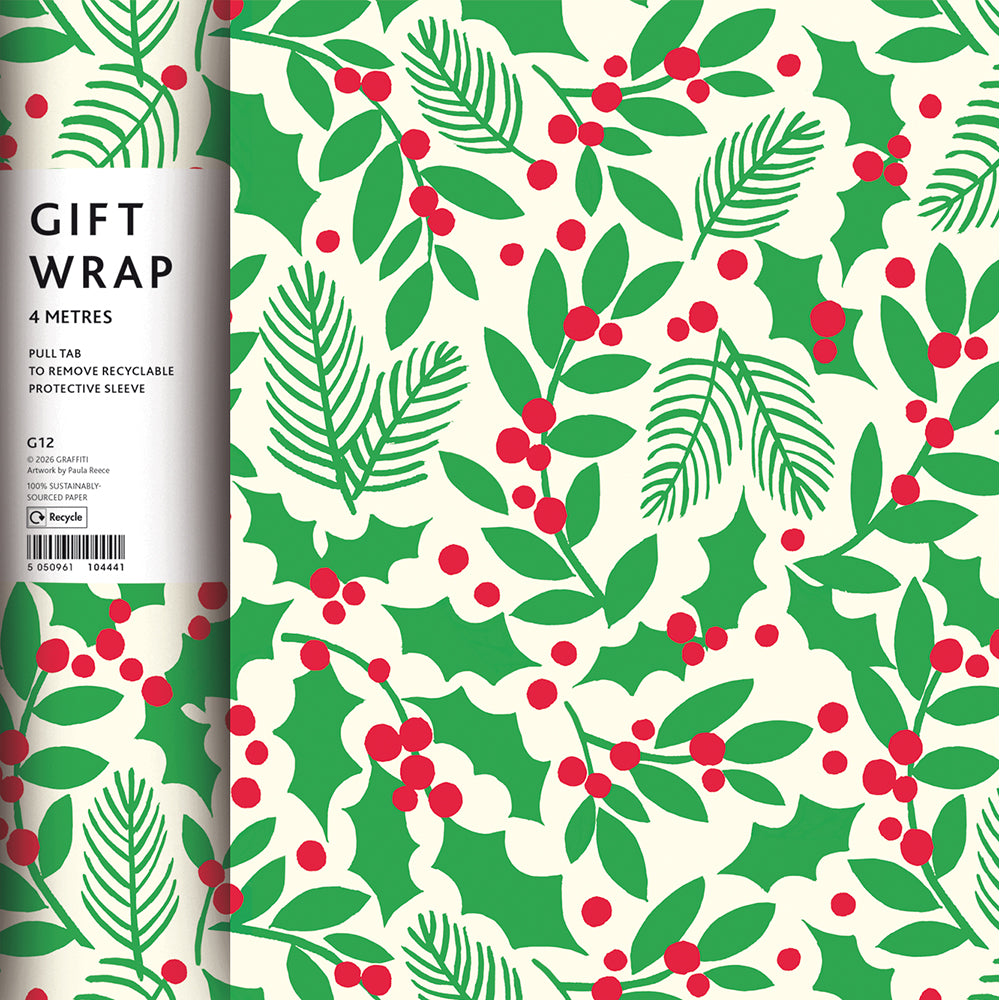 Festive holly print roll wrap on a white background.