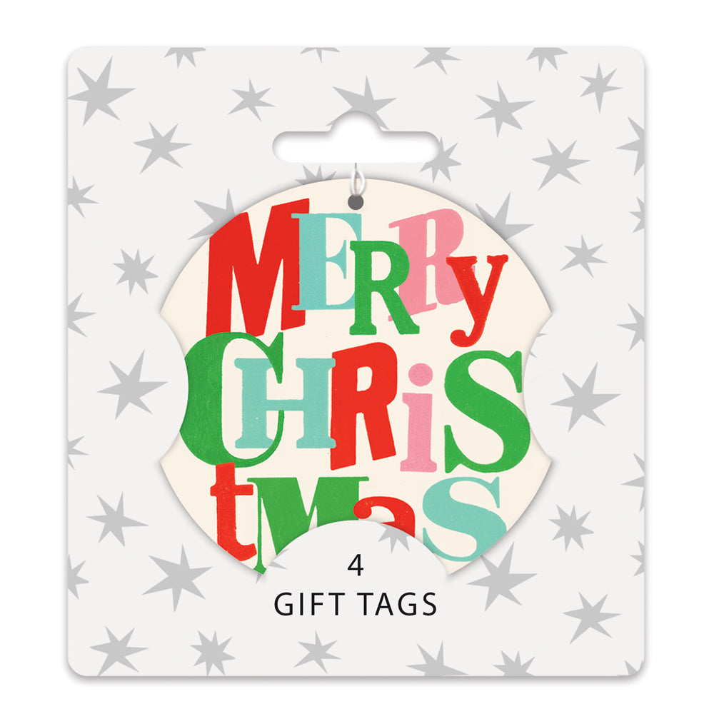 Colourful Merry Christmas bauble design gift tags on a star printed backing card. Pack of 4 on a white background.