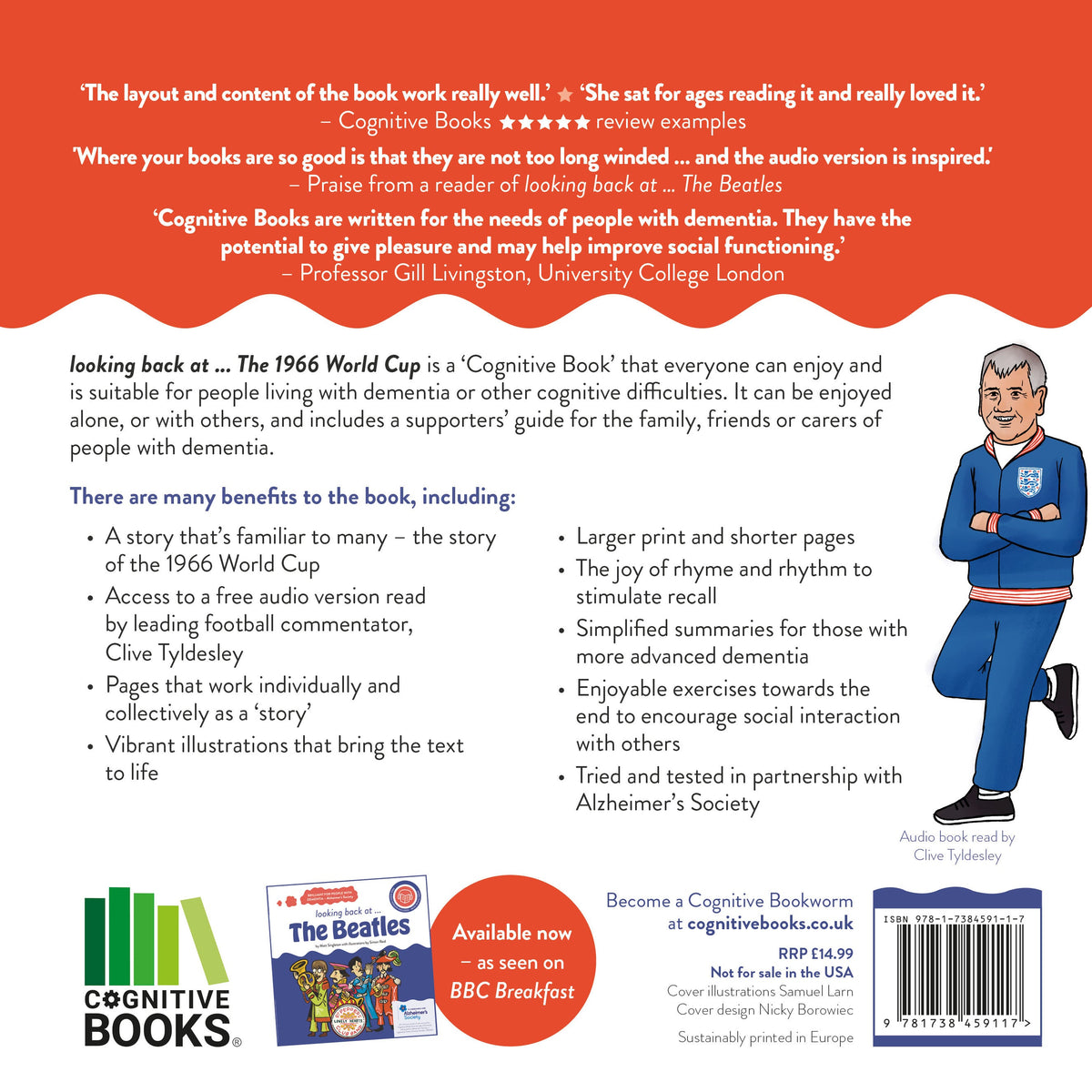 Back cover of book including a cartoon of Clive Tyldesley who is reading the free audio version