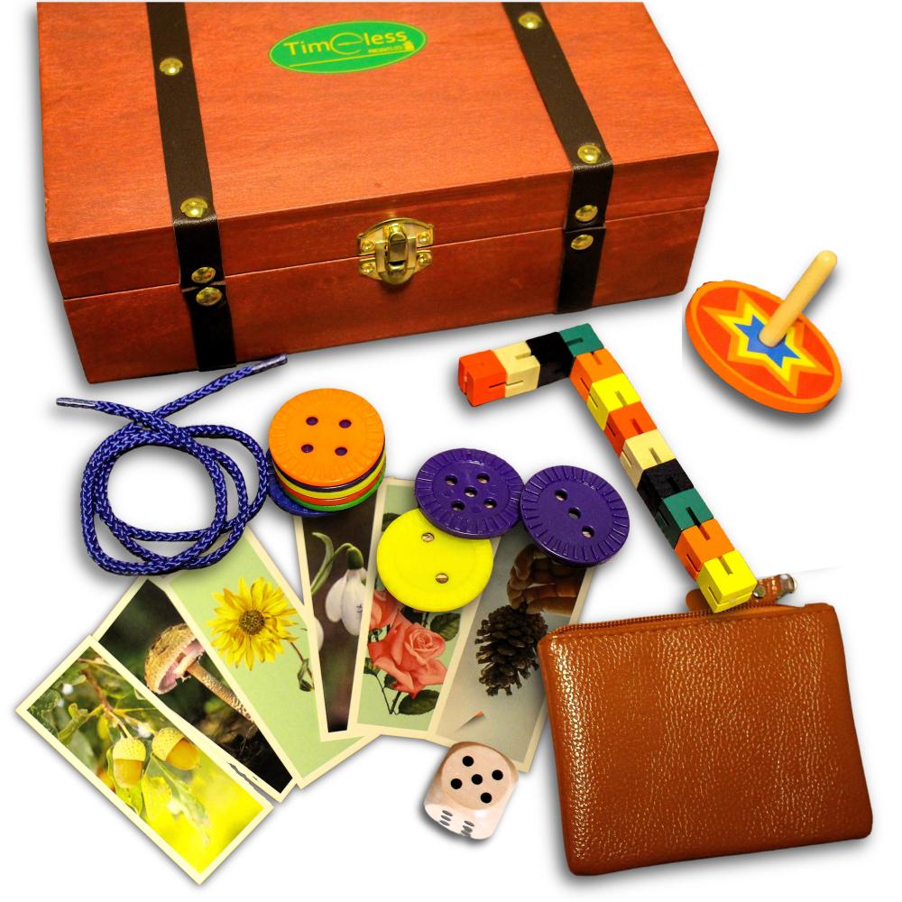 Treasure chest with lots of objects to explore in it like buttons and fidget products