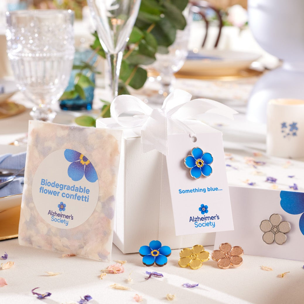 Bamboo Alzheimer&#39;s Society flower favour pins, confetti, gift card and table card