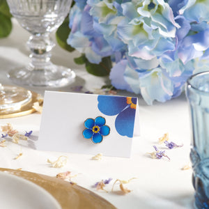 Blue enamel forget-me-not flower pin badge and wedding table cards x 10