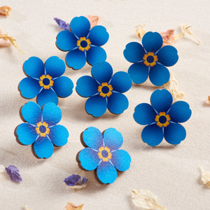 Wooden forget-me-not flower pin badge x 10