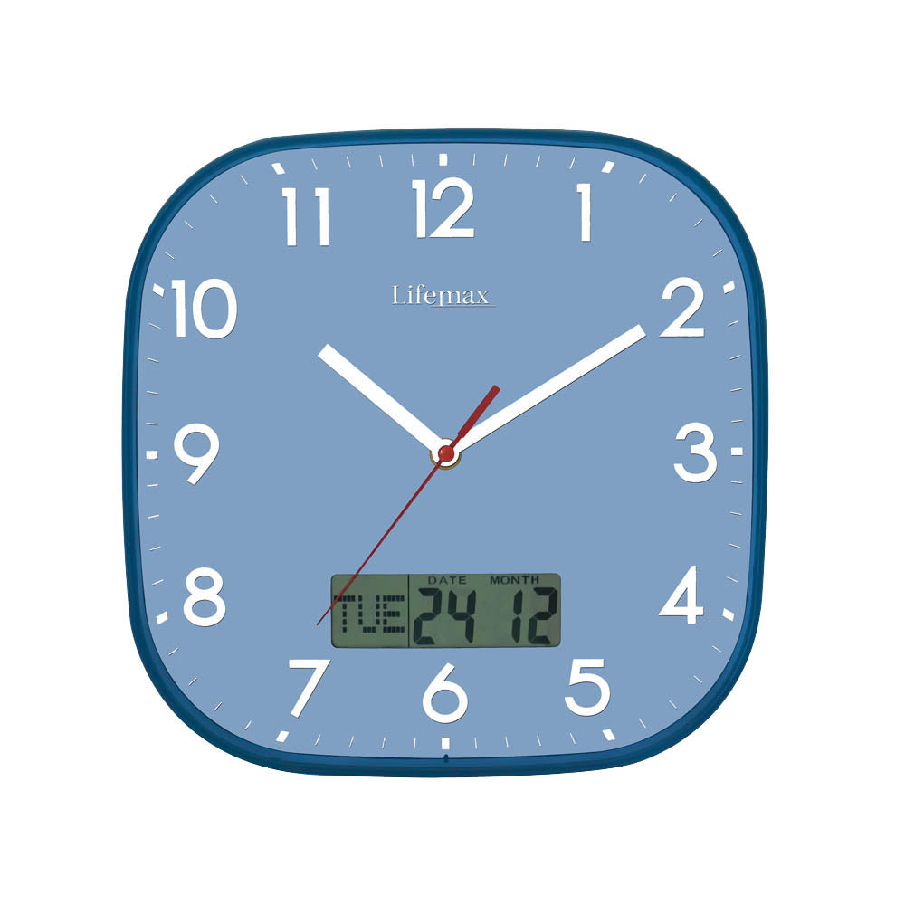 Wall clock with blue face and white numbers and digital display with day, date and month
