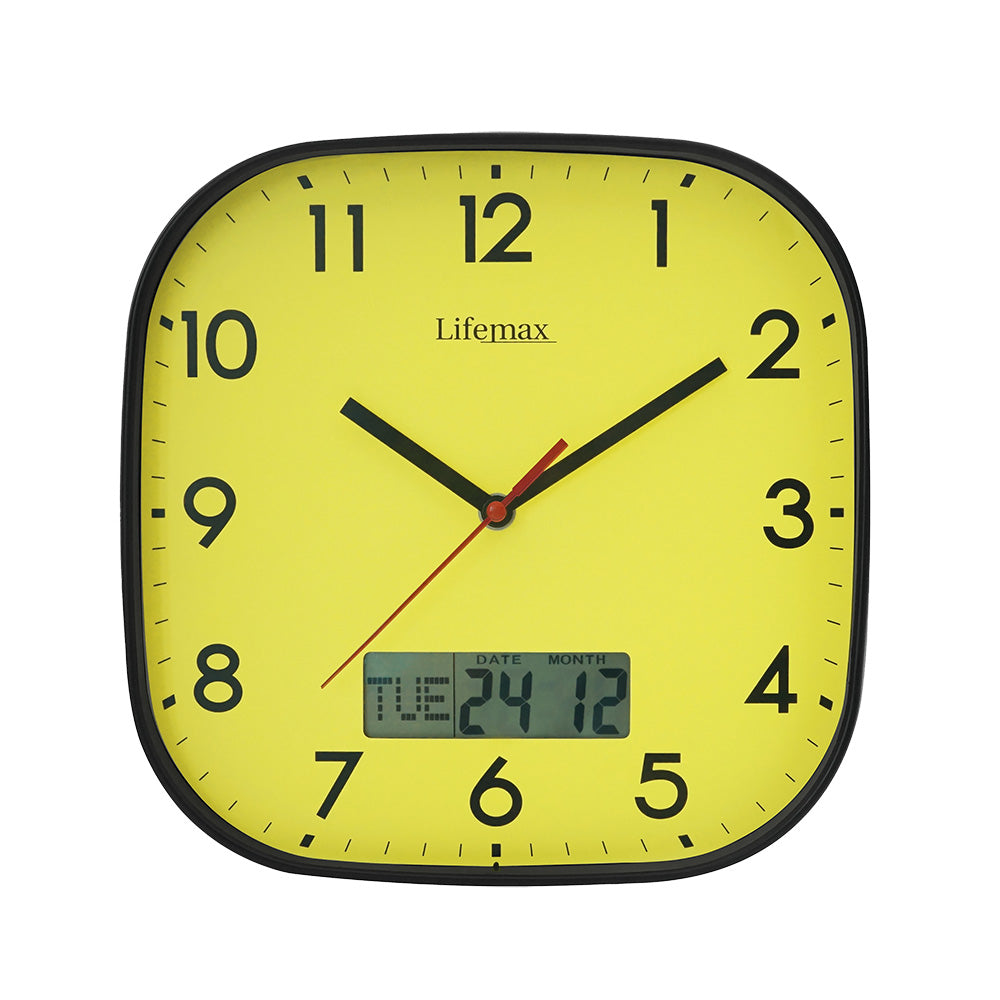 Day date wall clock - yellow with perspex