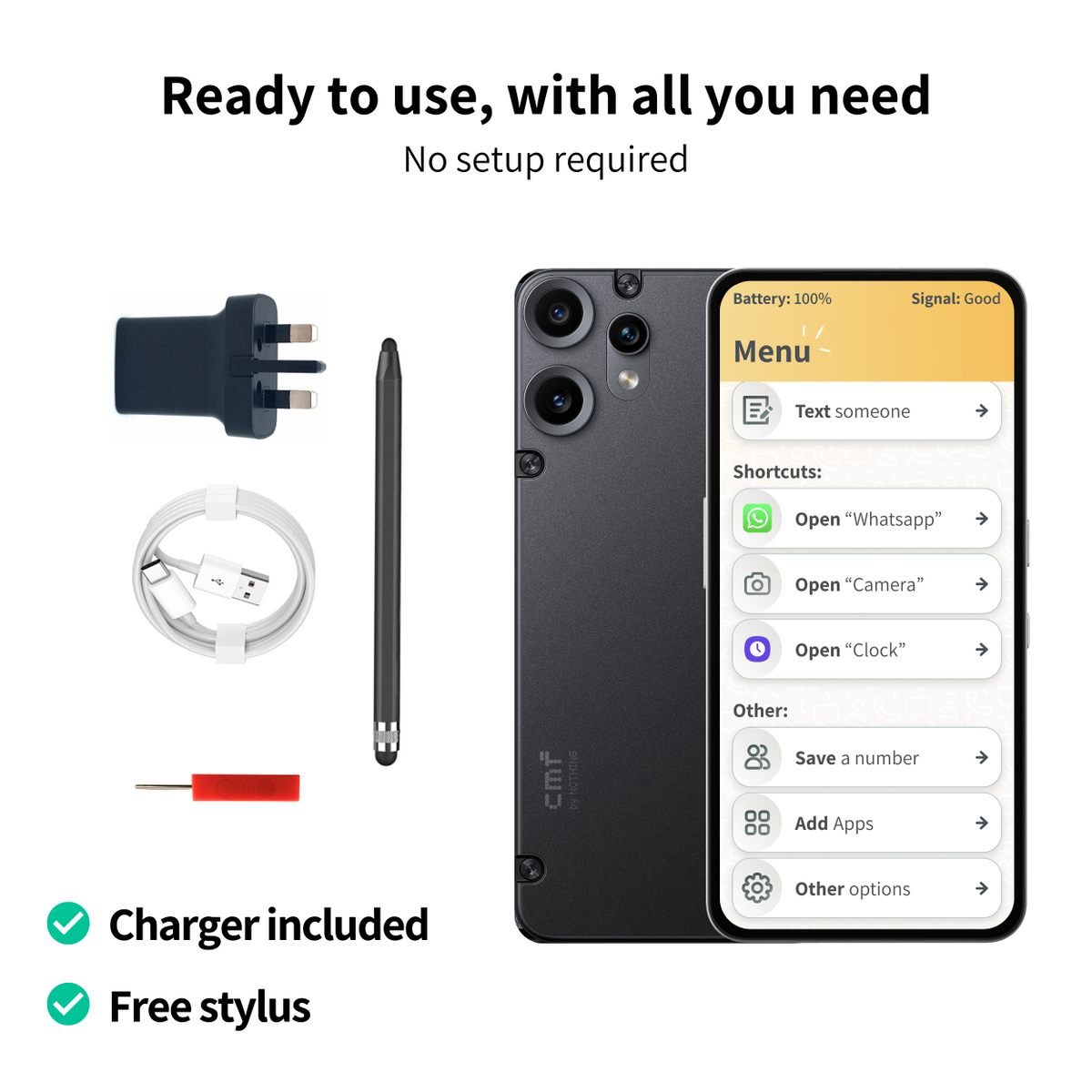Black smartphone shown from the back alongside included accessories: a wall charger plug, a white charging cable, a stylus pen, and a small red tool, on a light gray background with text stating 'Ready to use, with all you need' and 'No setup required.'.