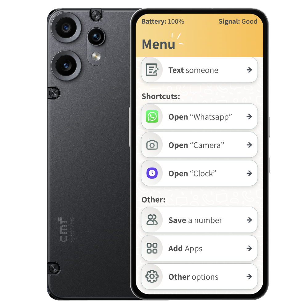 A black smartphone shown from the back alongside a front-facing screen mockup displaying a settings menu. The phone body is matte black with visible camera lenses and a subtle CMF branding mark near the lower left.