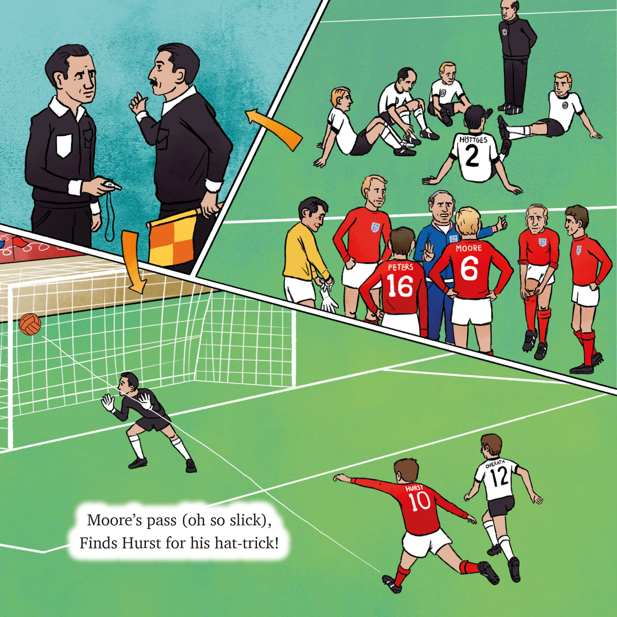 A cartoon of Hurst&#39;s hat trick in England&#39;s 1966 World Cup game.