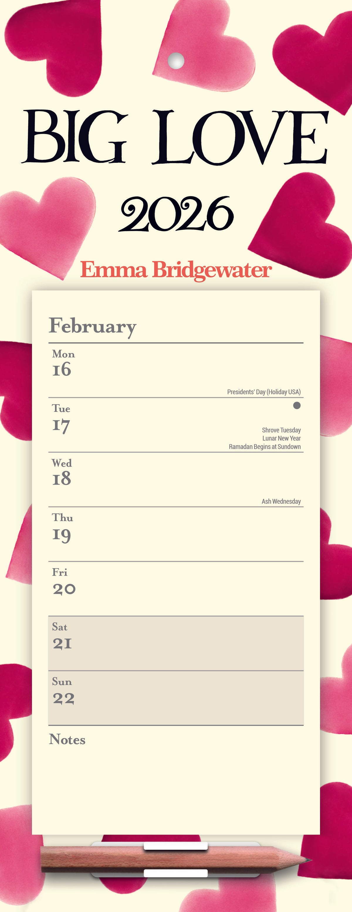 Calendar for February 2026 with pink hearts and &#39;Big Love&#39; text on a white background