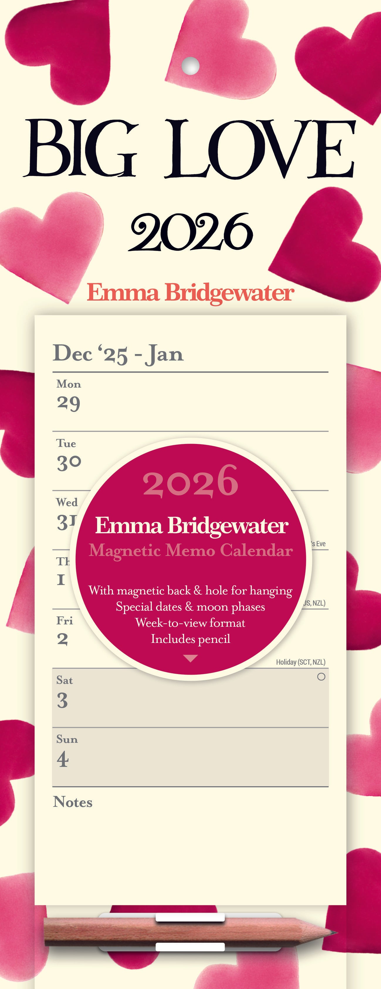 Emma Bridgewater 2026 calendar with pink hearts on a white background