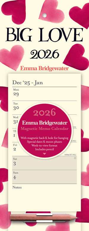 Big pink hearts magnetic calendar, 2026