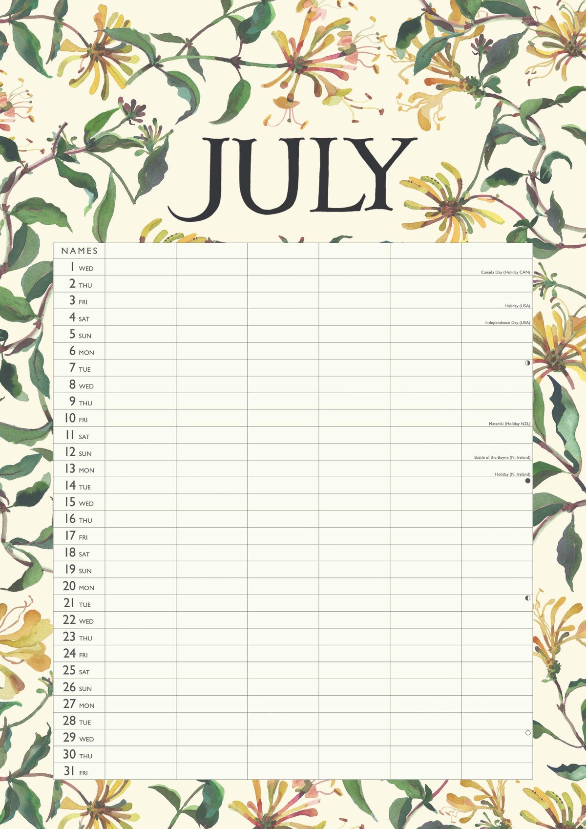 Floral-themed July calendar with a grid layout