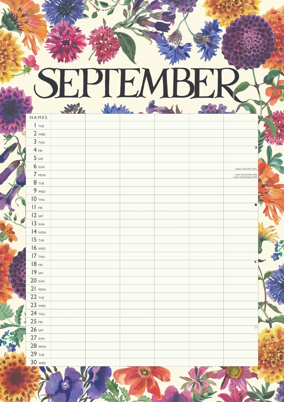 Floral September calendar with a grid for notes