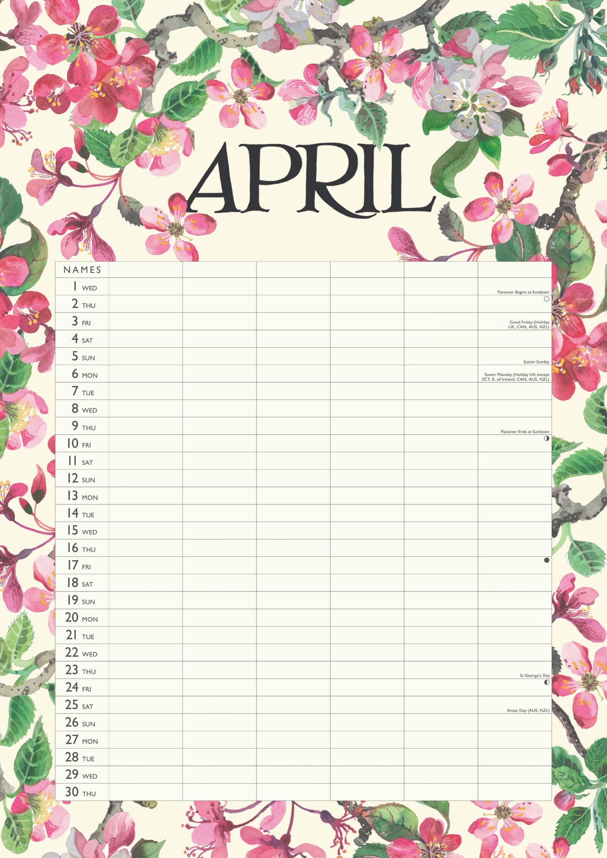 April calendar with floral design on a white background