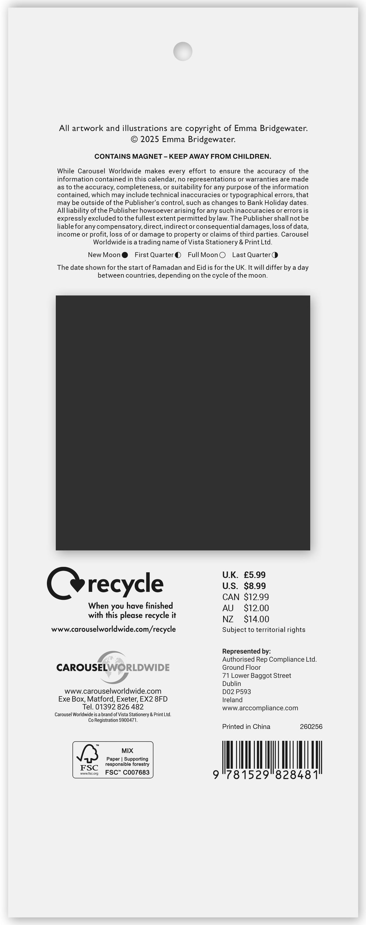 Back cover of a calendar with text, recycling symbol, and barcode on a white background