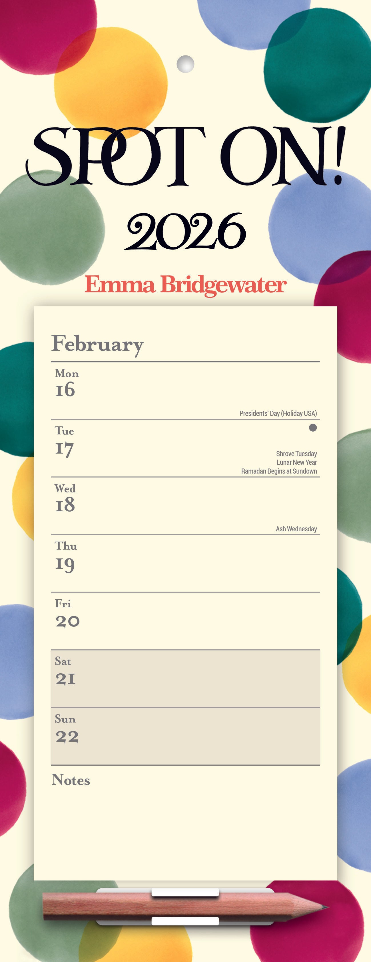 Calendar for February 2026 with colorful polka dot border, featuring the brand 'Emma Bridgewater'.