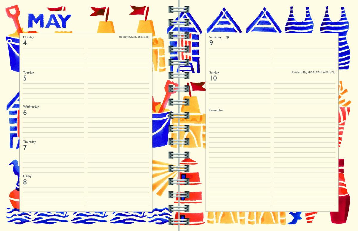 Colorful calendar with beach theme for May, featuring swimsuits and sandcastle designs.