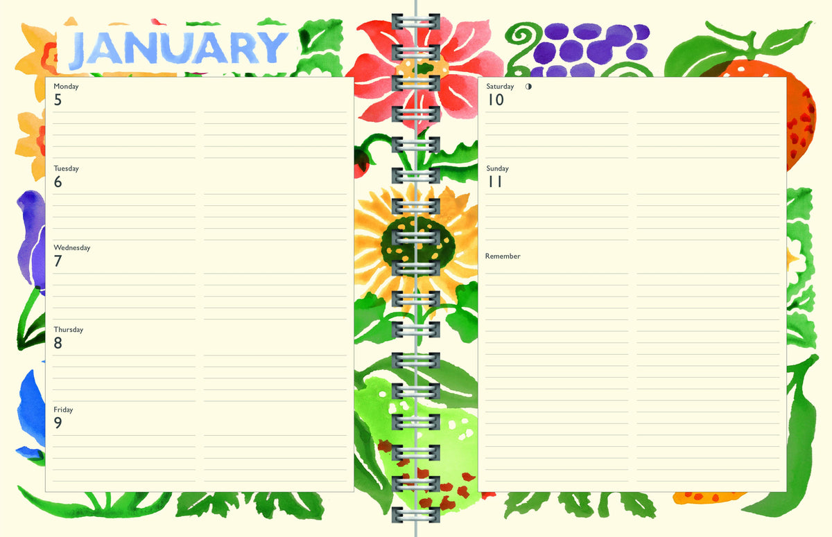 Colorful calendar with floral designs and notes for January