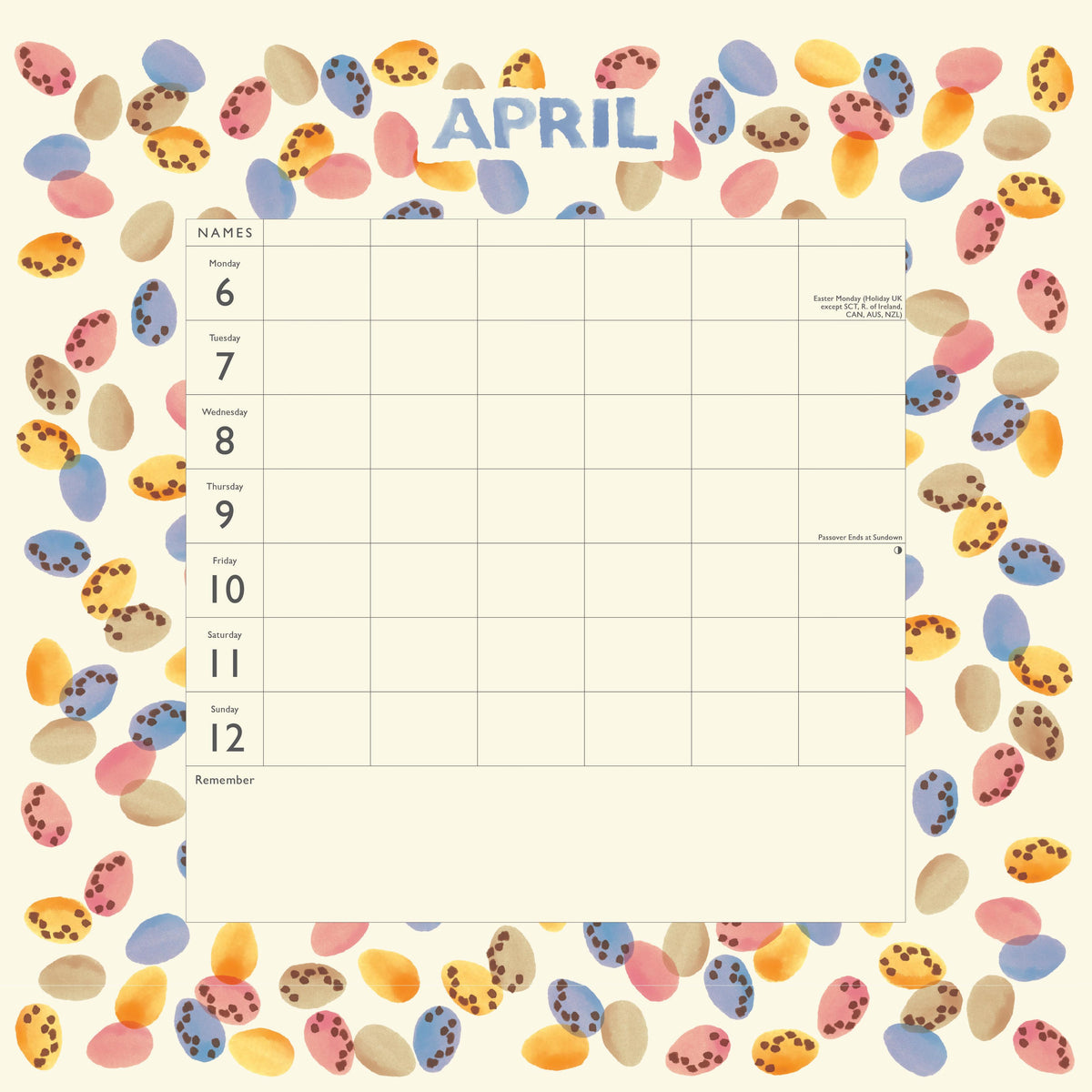 April calendar with colorful Easter egg border