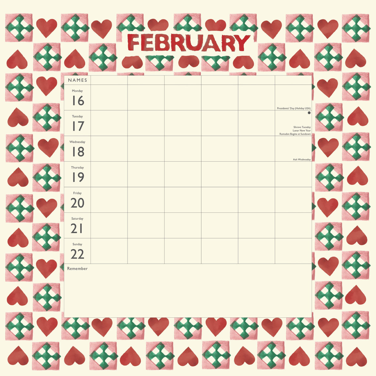 February calendar with heart designs on a white background