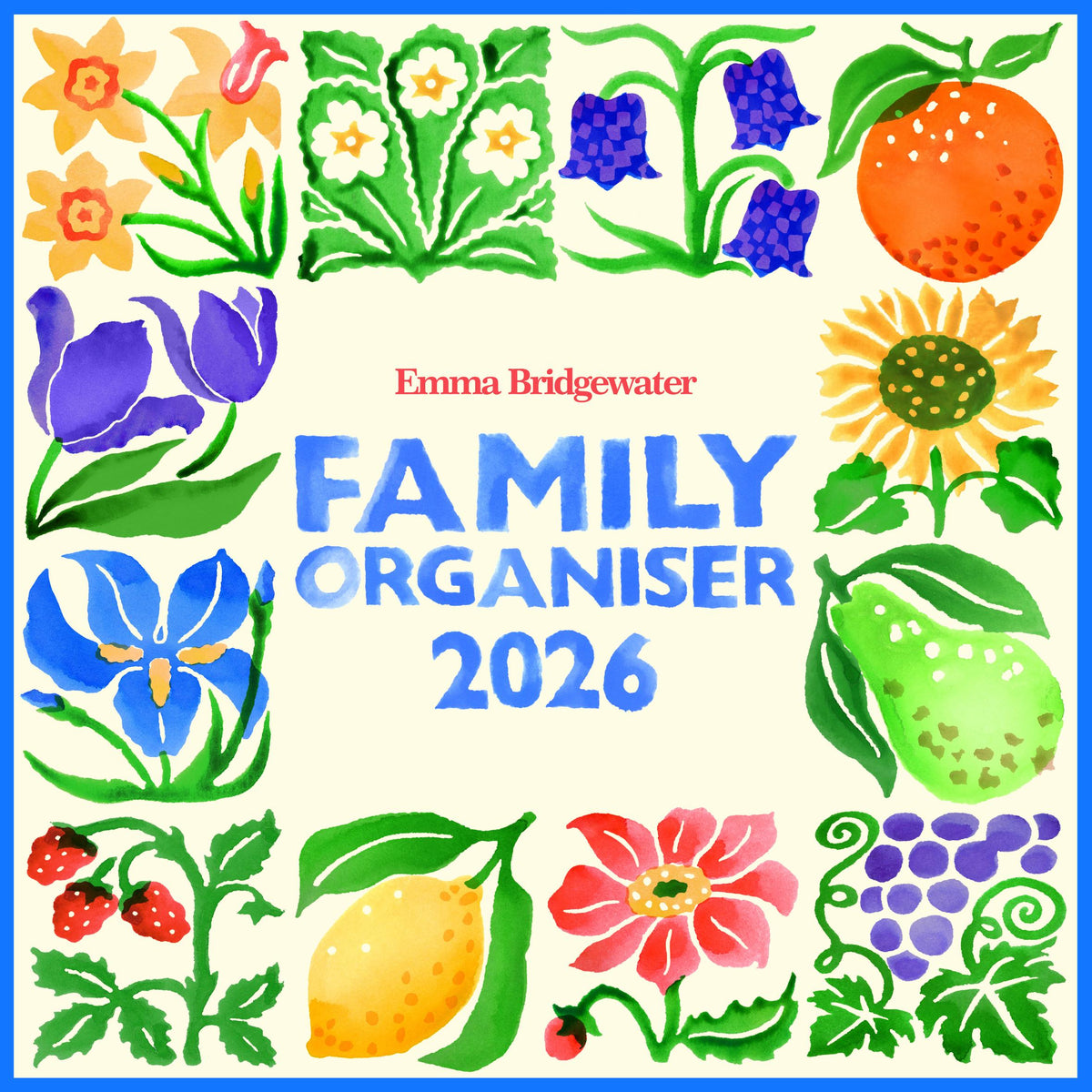 2026 family organiser with colorful floral and fruit designs on a white background