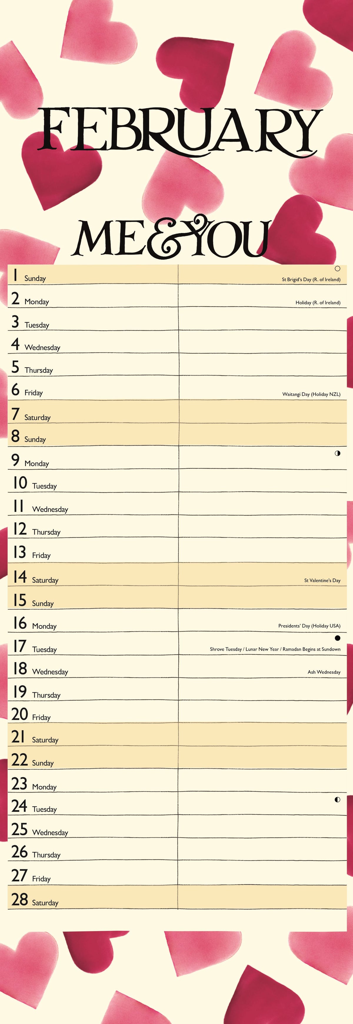 February calendar with &#39;ME &amp; YOU&#39; theme and pink hearts