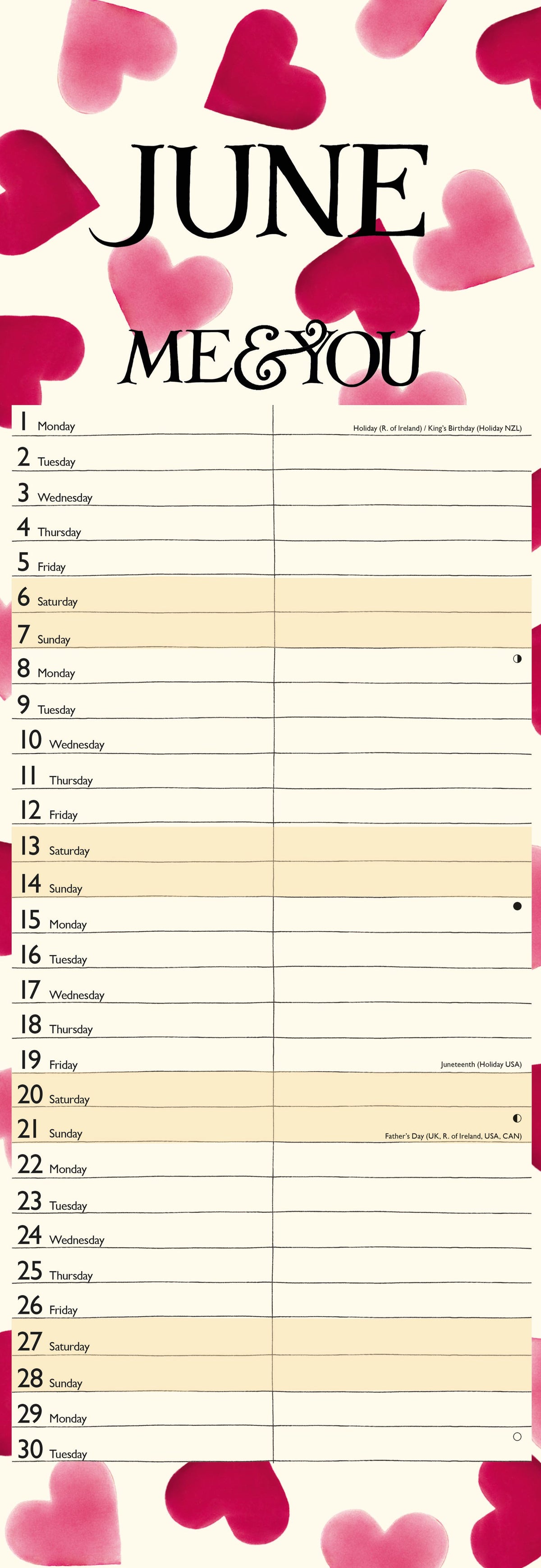 Calendar for June with heart designs and &#39;Me &amp; You&#39; text