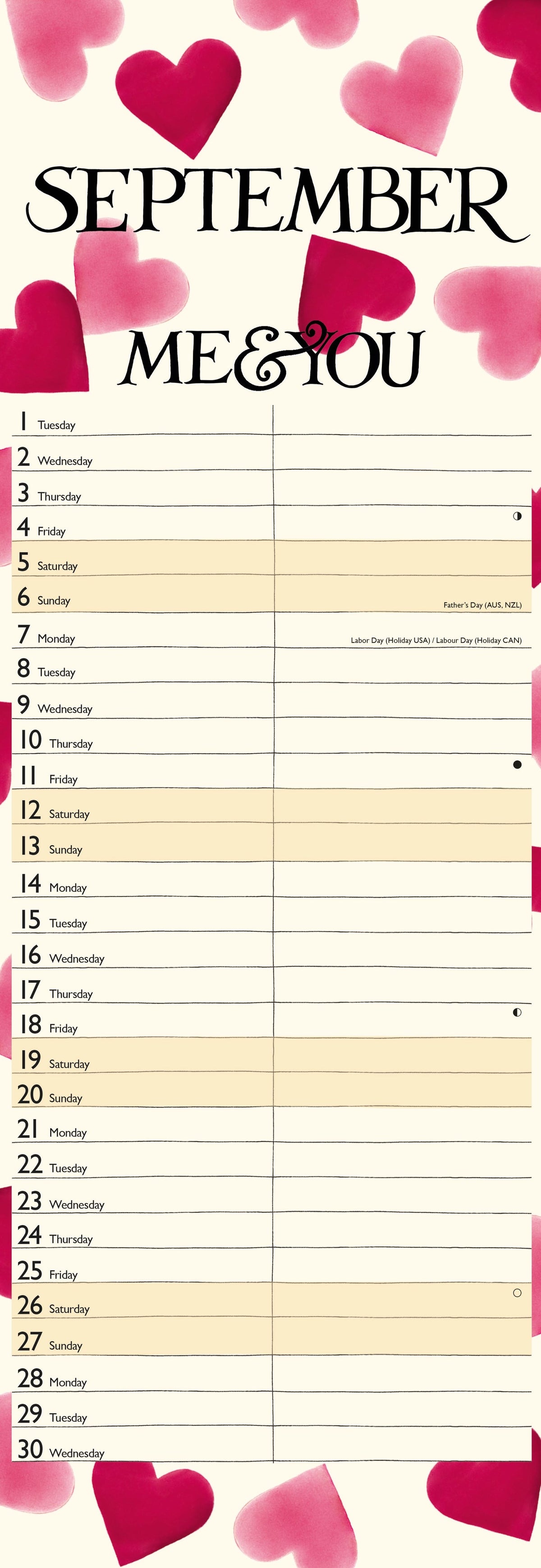 Calendar for September with &#39;Me &amp; You&#39; theme, heart designs, and a pink background.