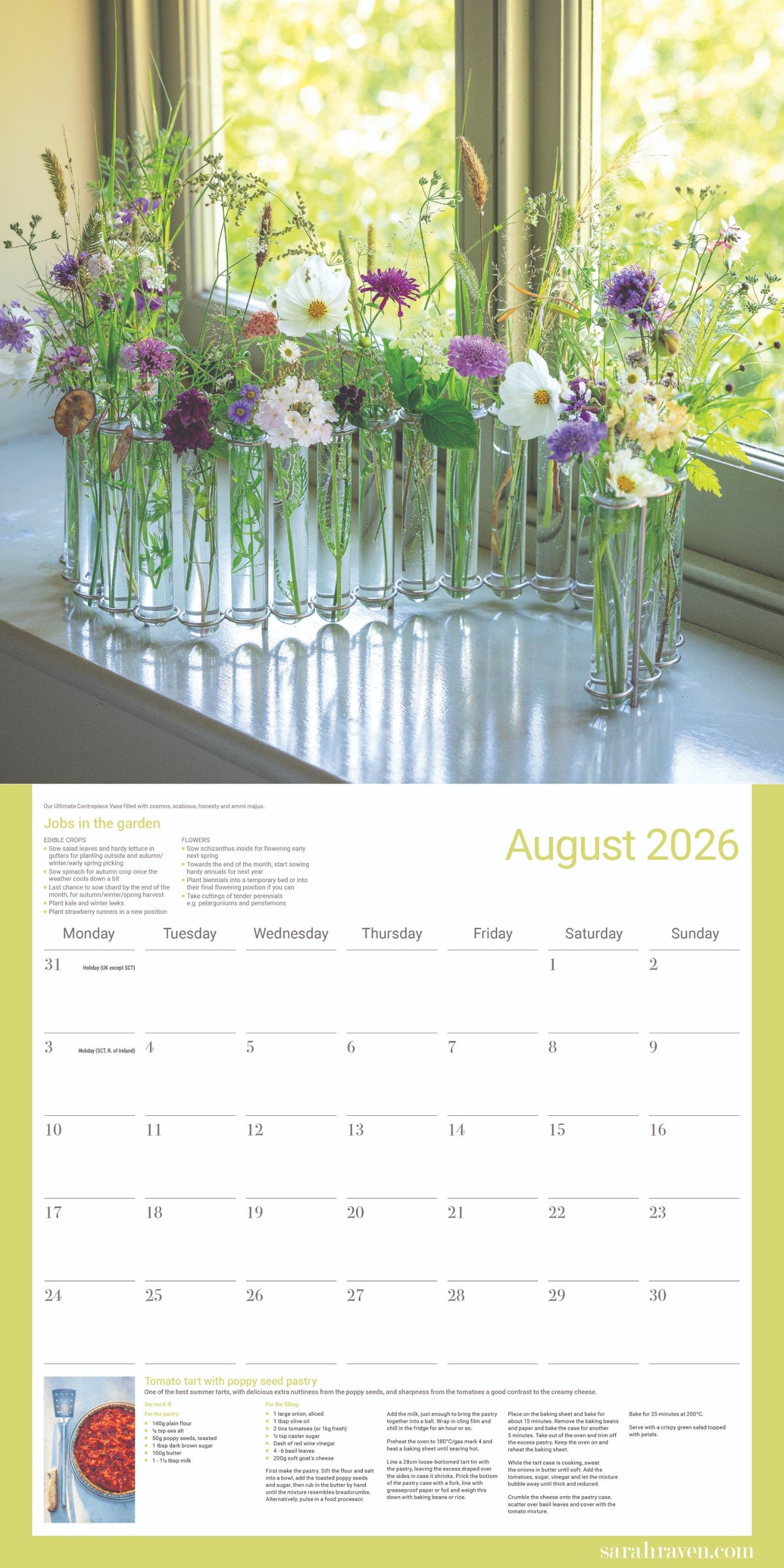 Calendar for August 2026 with floral arrangement on a table
