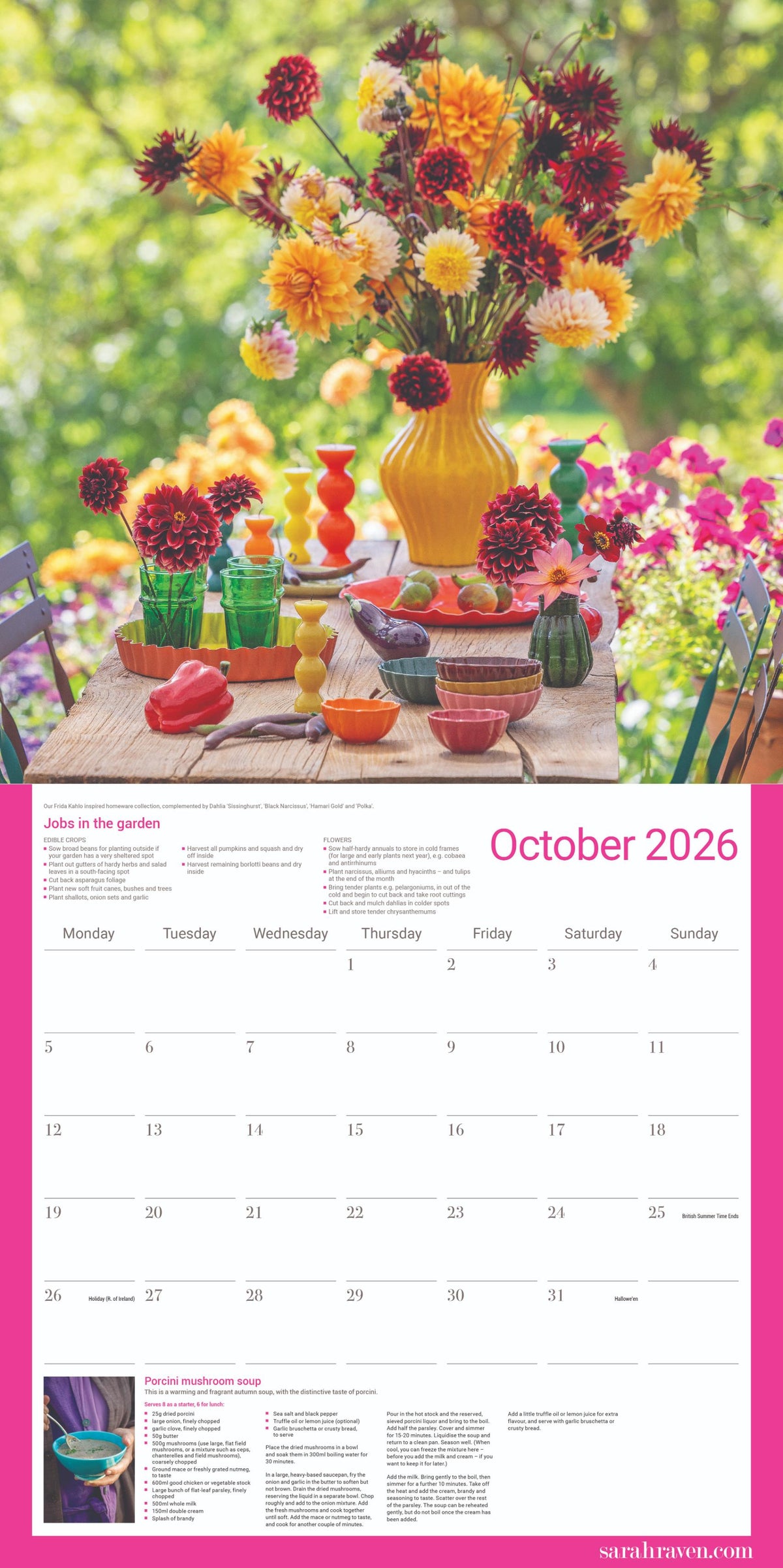 Calendar for October 2026 with a floral arrangement on a table outdoors.