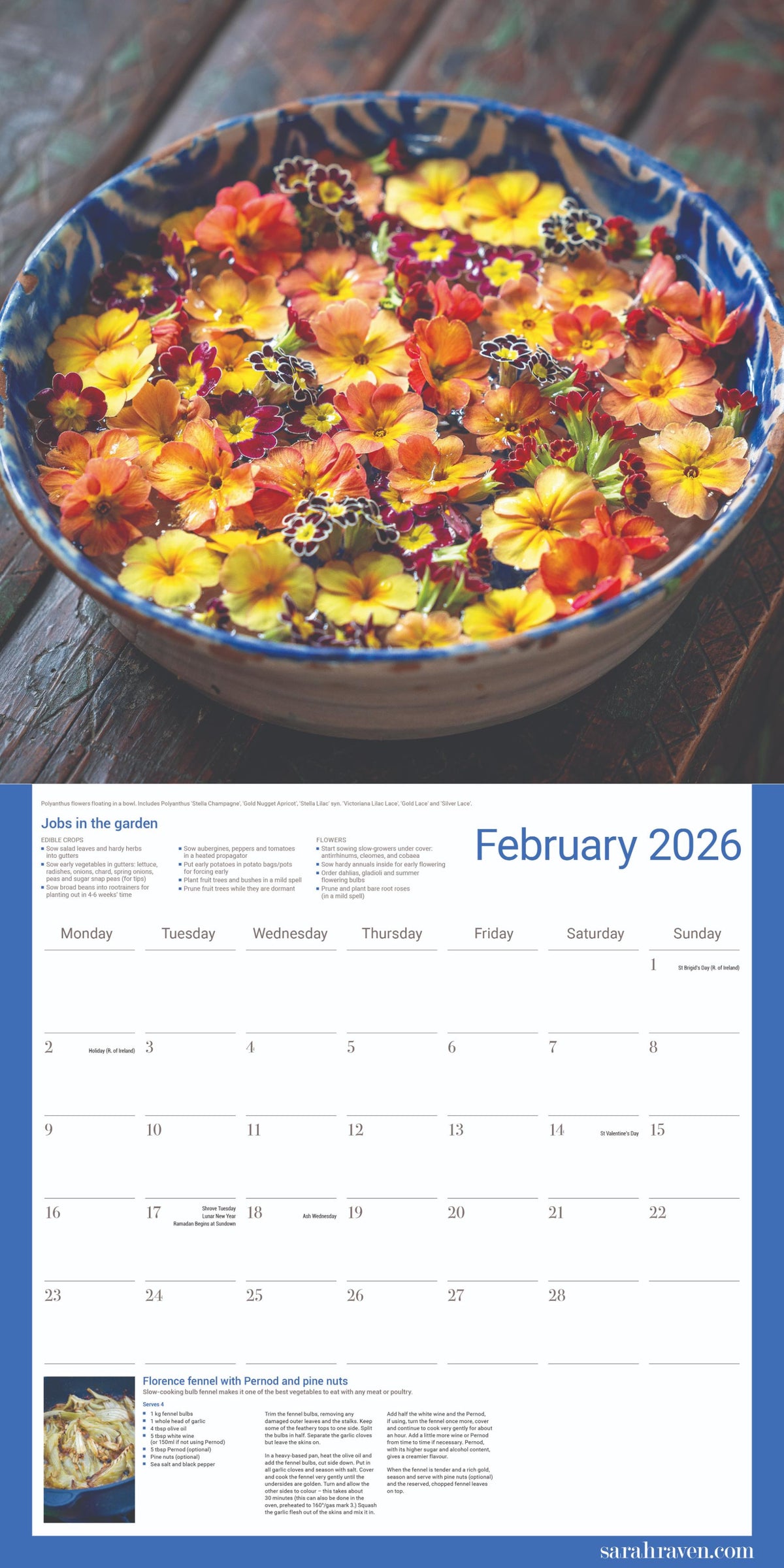 Calendar for February 2026 with a bowl of flowers on a wooden surface