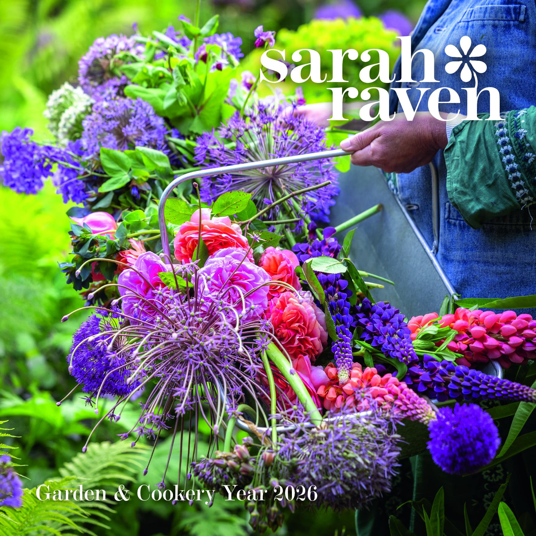 Calendar cover with flowers and a person gardening, featuring the brand 'sarah raven'.