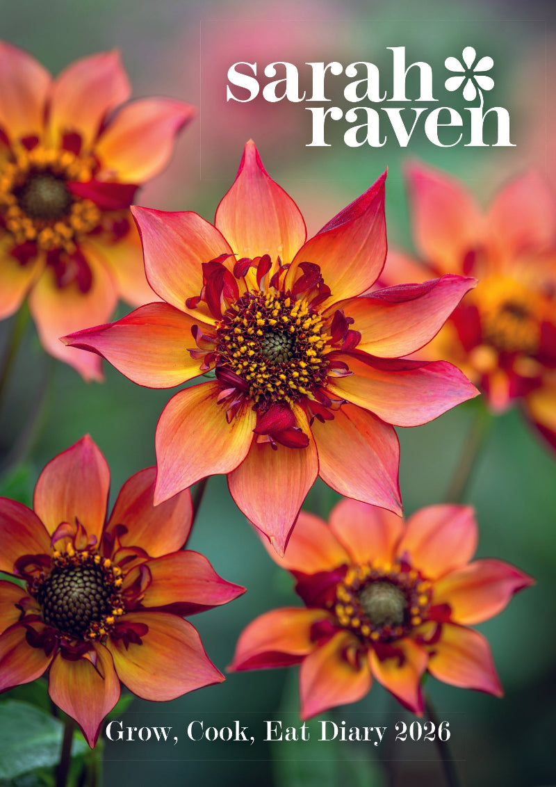 Floral design with 'sarah raven' branding and a focus on gardening and cooking.