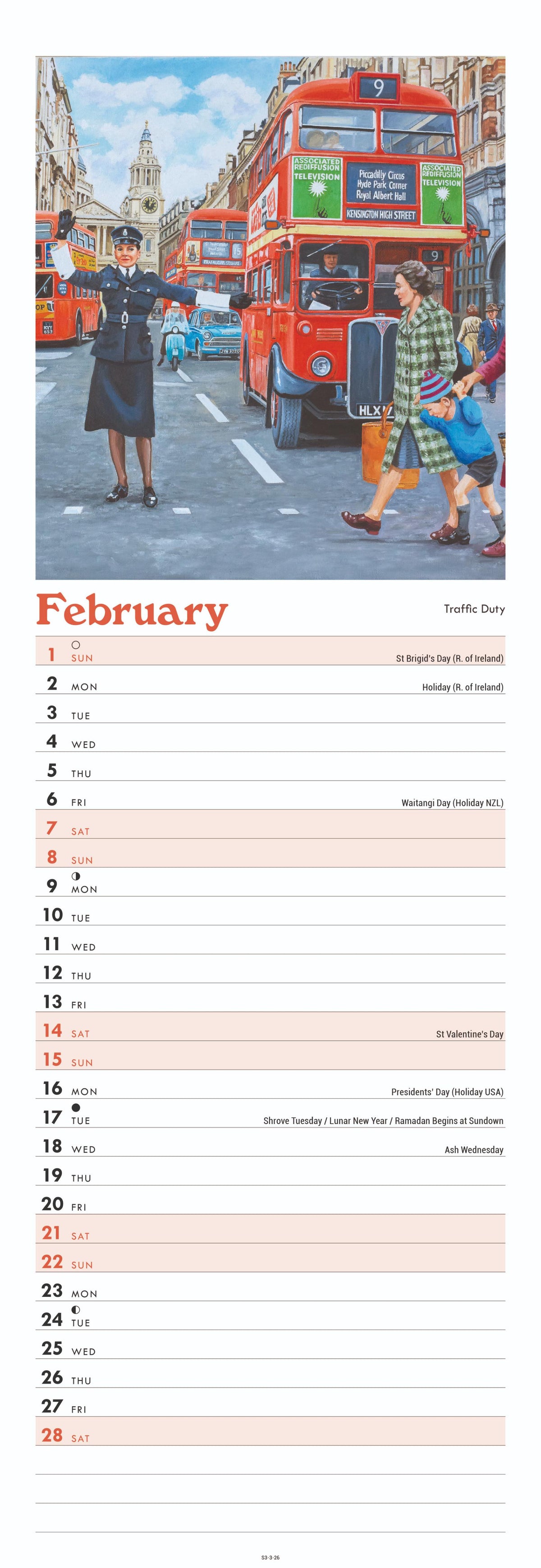 Calendar page for February with a red double-decker bus and people on a street.